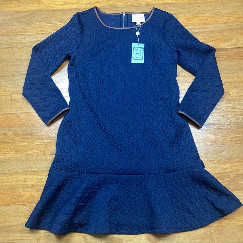 Sail to Sable Navy Shift Dress Ruffle Hem MEDIUM Faux Leather Trim 3/4 Sleeve